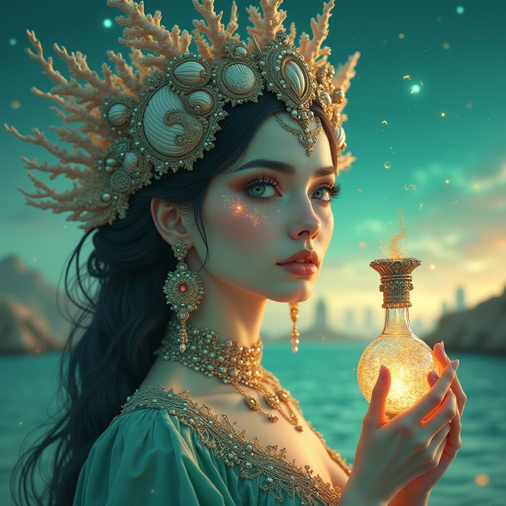 Surreal Ocean Goddess with Bioluminescent Headdress and Rega...