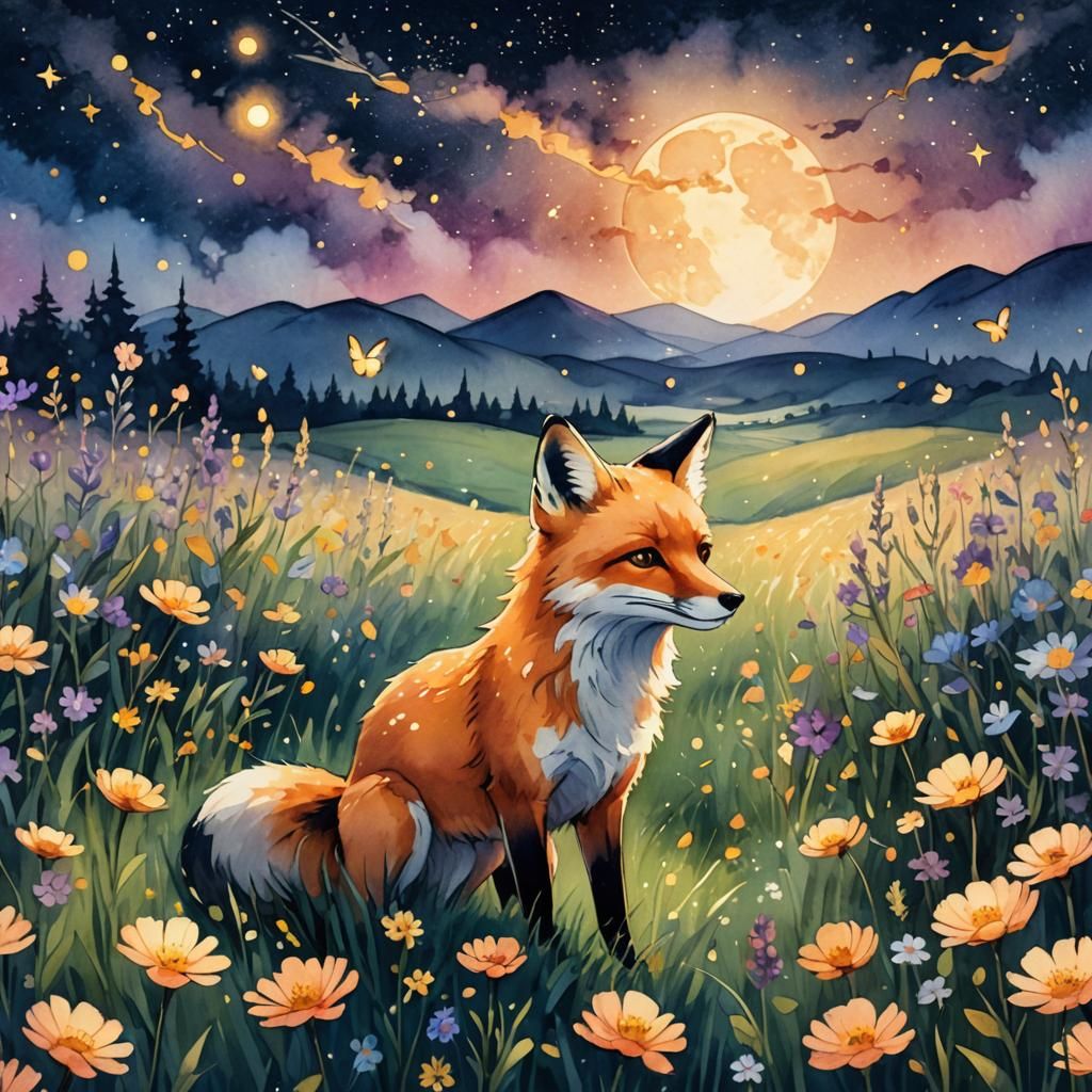 Anime Nocturne: Fox in a Field of Flowers