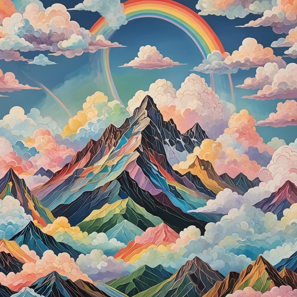 Abstract Mountain Scene with Pastel Clouds and Rainbow