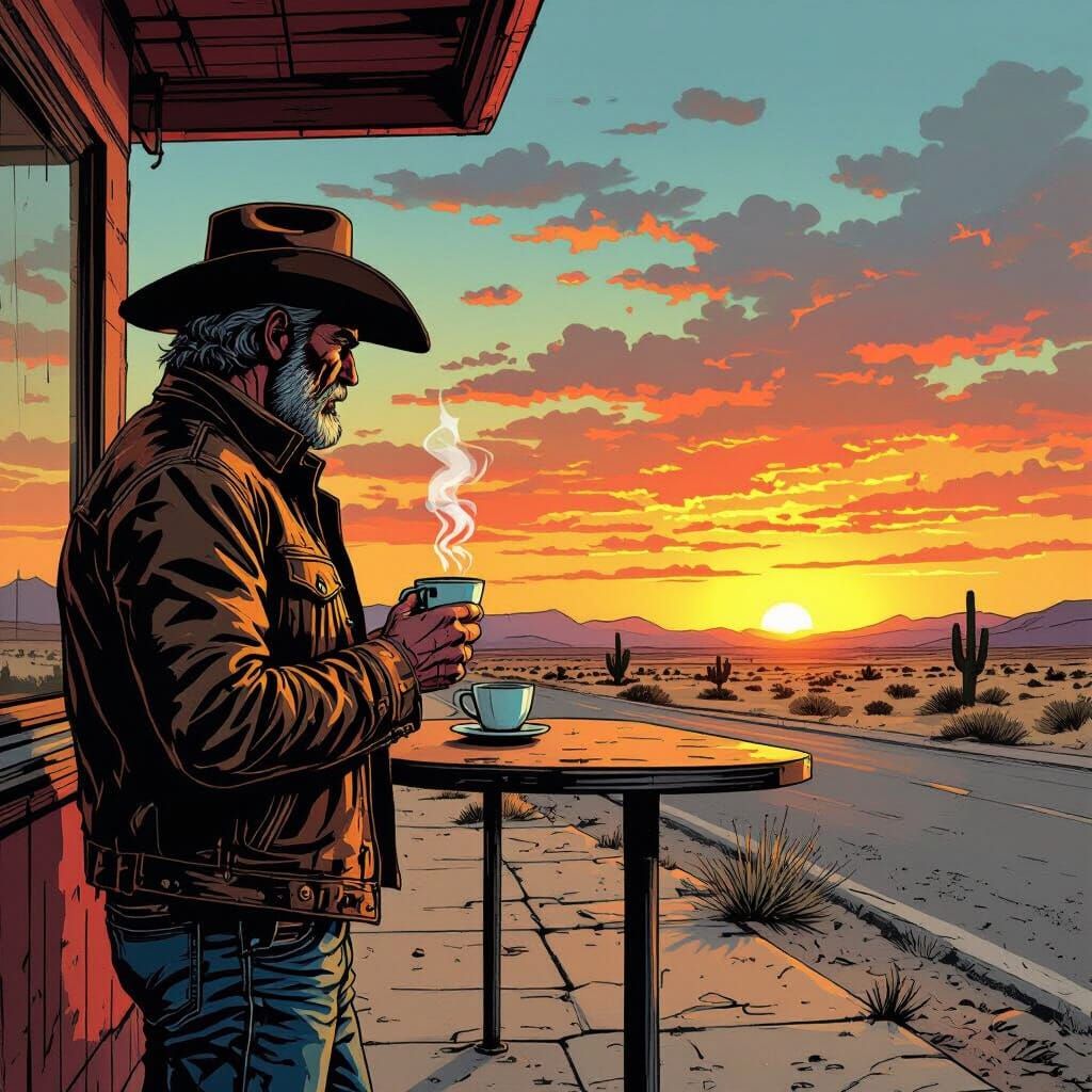 Man with Coffee at Sunset in Graphic Novel Style