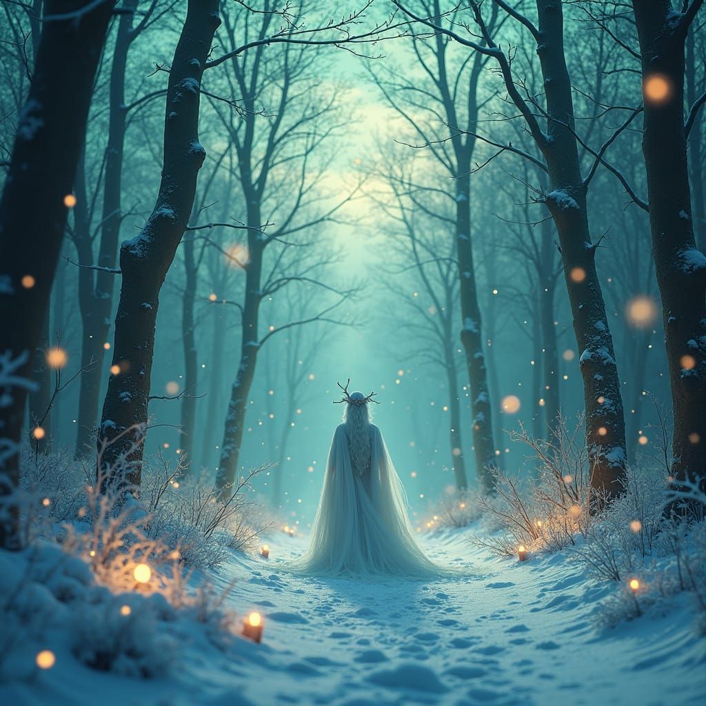 Mystical Winter Queen in Iridescent Forest