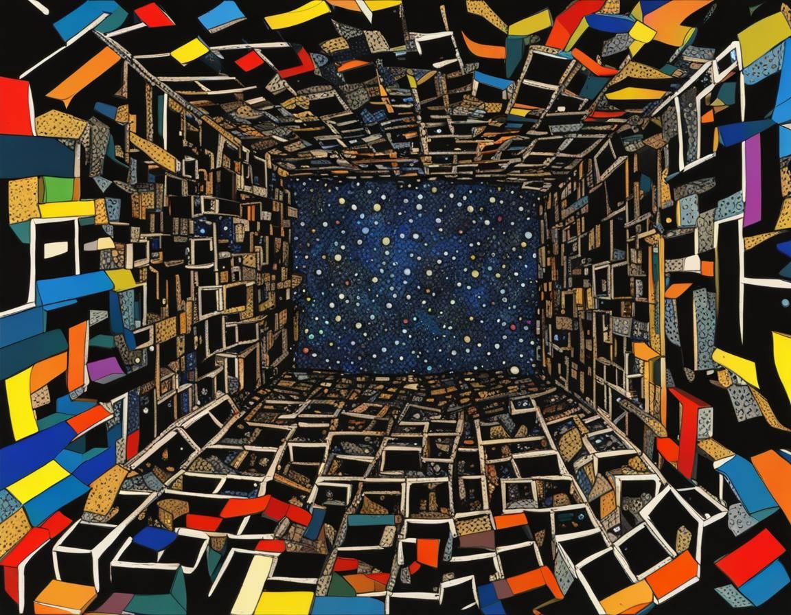 Borg Cube Navigates Rainbow Wormhole in Abstract Art