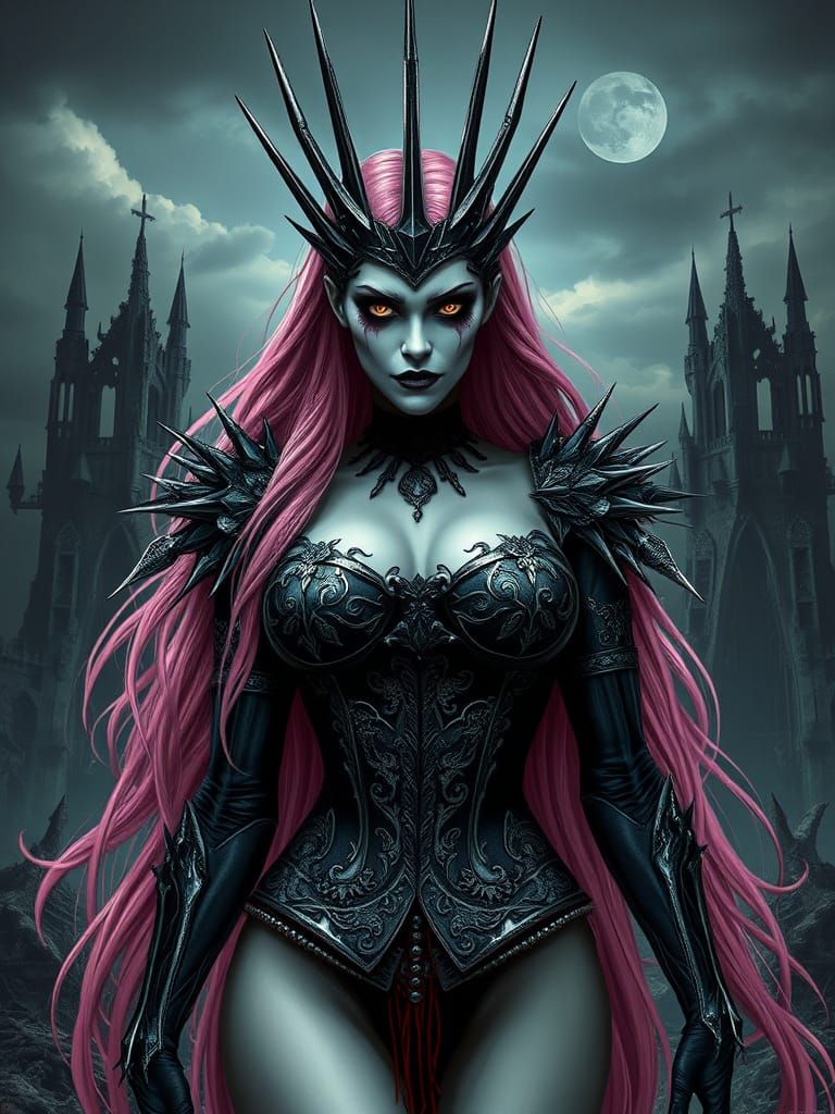 Dark Fantasy Queen with Gothic Corset and Skull-Like Makeup