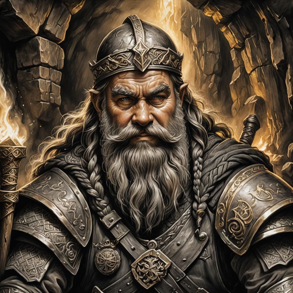 Dwarf in Gold Cave: Hyperdetailed Charcoal Drawing