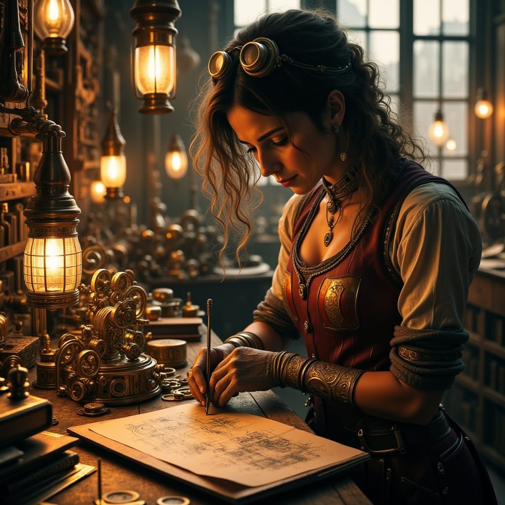 Steampunk Inventress Assembles Clockwork Marvel