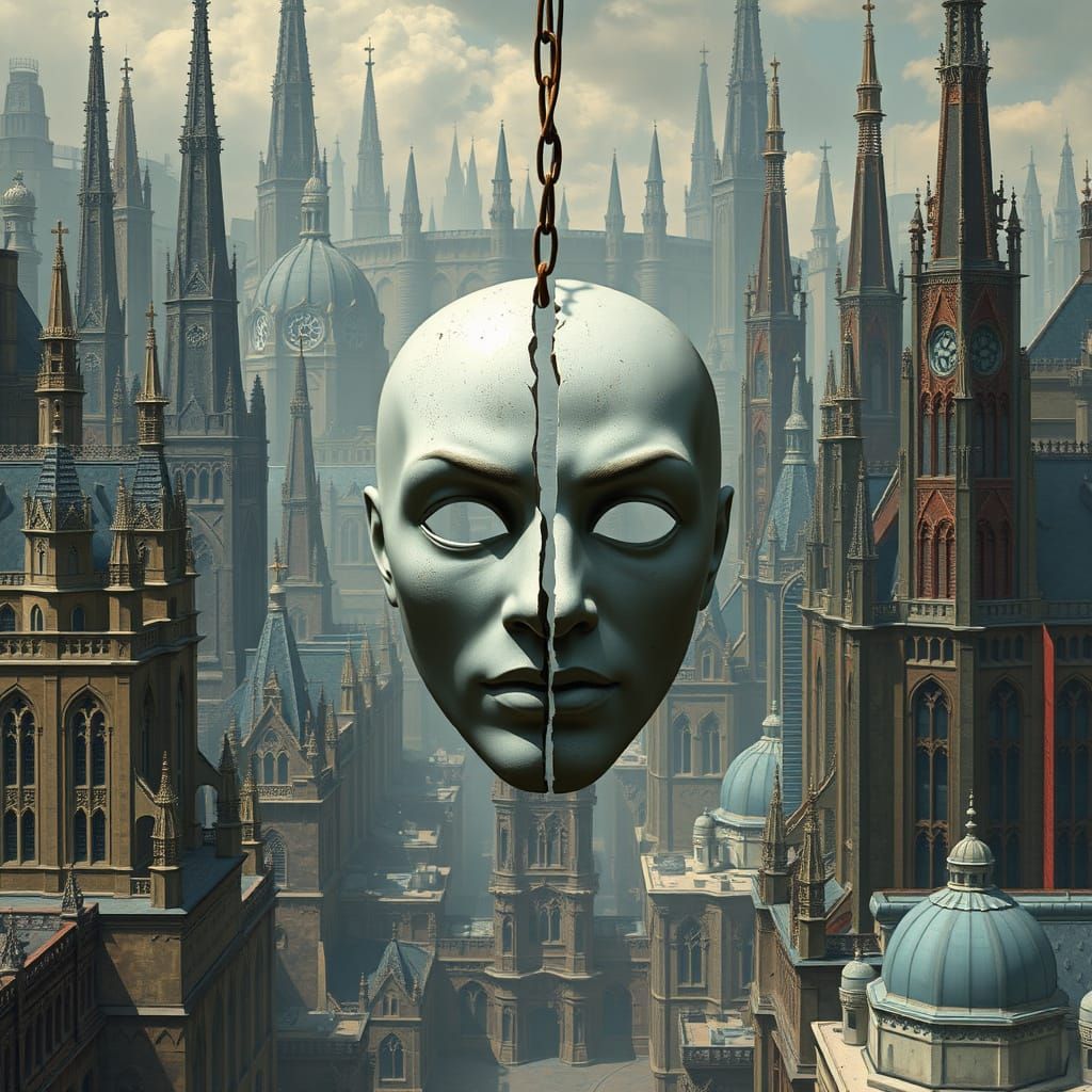 Fractured Mask in Dystopian Cityscape