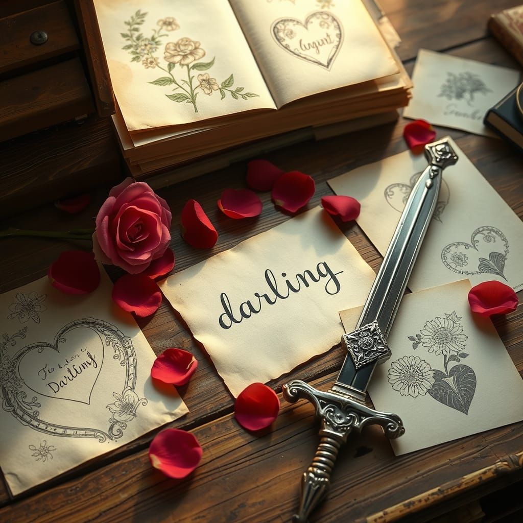 Art Nouveau Desk Still Life with Dagger and Roses