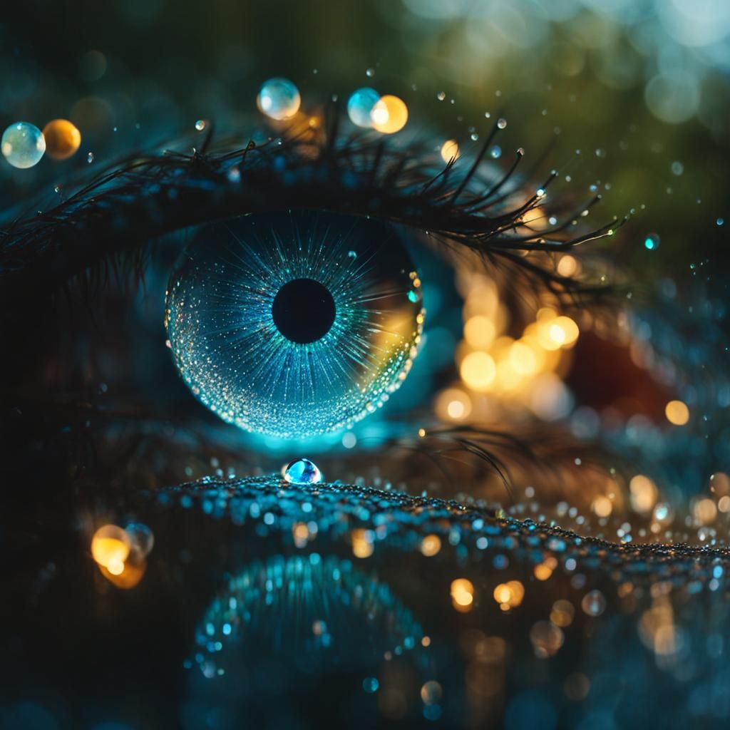 Crystal Eye Reflecting Bioluminescent Dewdrops