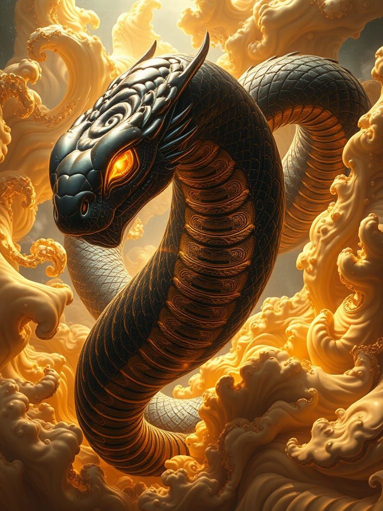 Gilded Alien Serpent Leaps Through Fractal Galaxy