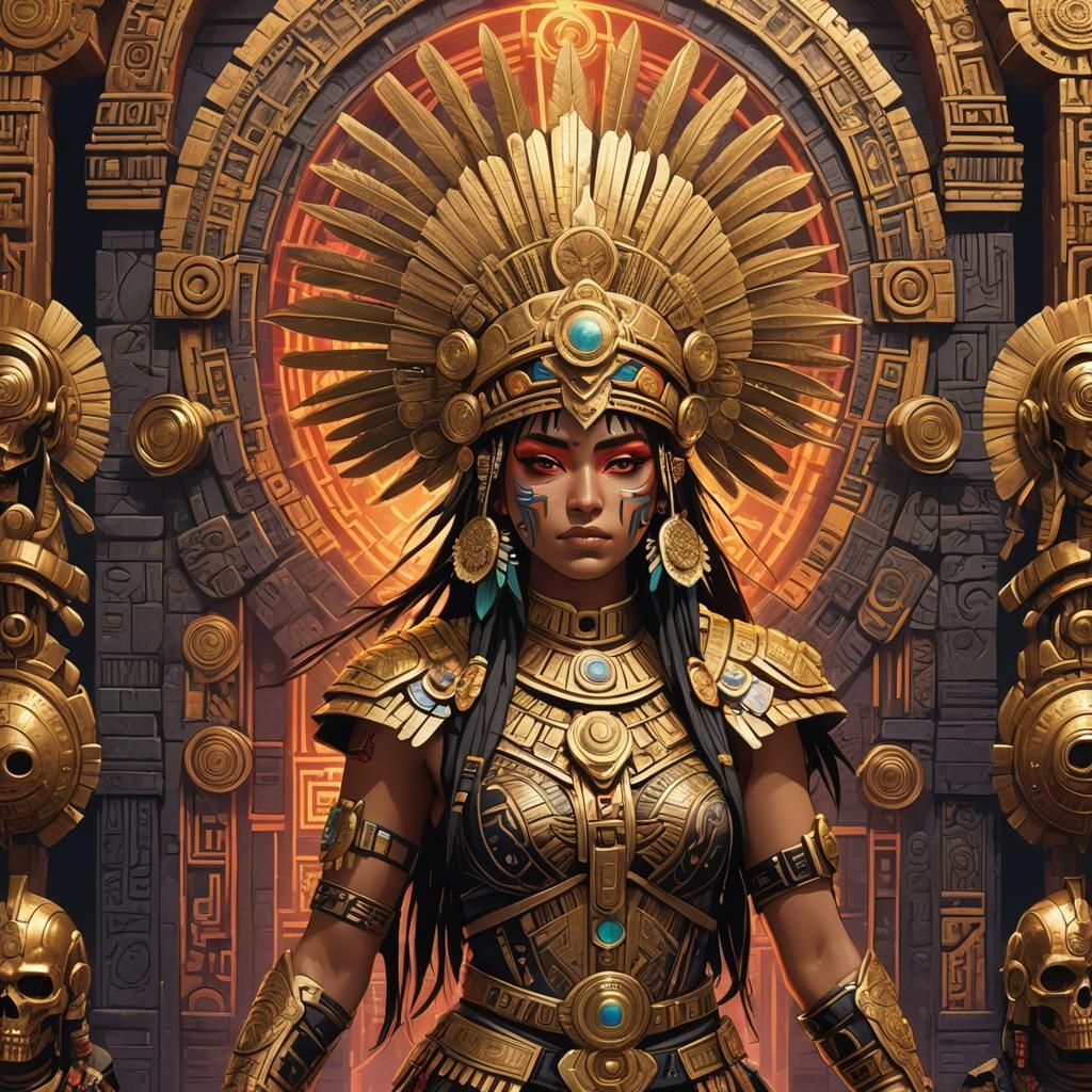 Anime Woman in Dystopian Temple of Tenochtitlan