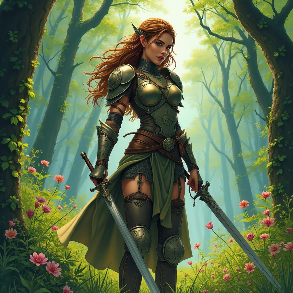 Majestic Warrior Woman in Lush Forest Art