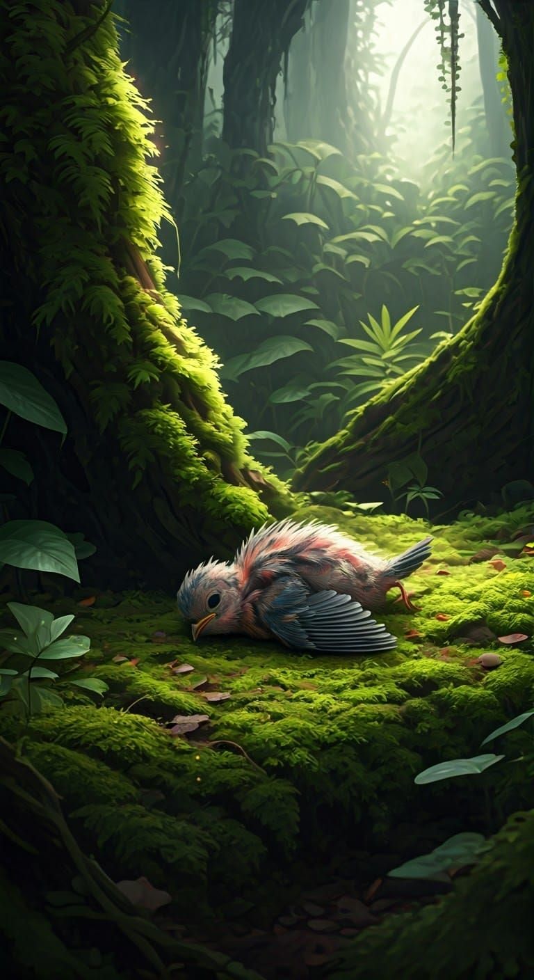 Injured Bird in Fantasy Forest: Matte Painting