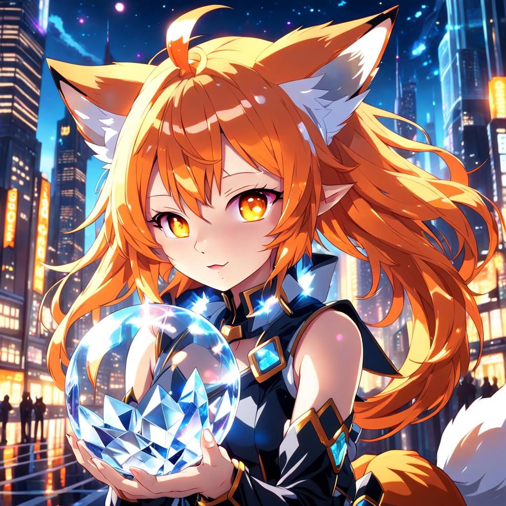 Adorable Crystal Girl with Fox Ears in Anime Style