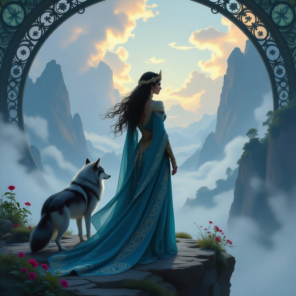 Warrior Princess on Precipice Overlooking Misty Valley