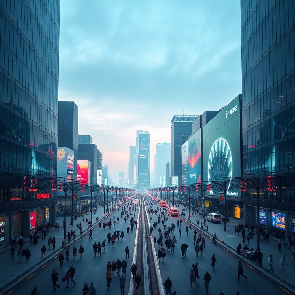 Modern Cityscape at Sunset in Neon Aesthetic