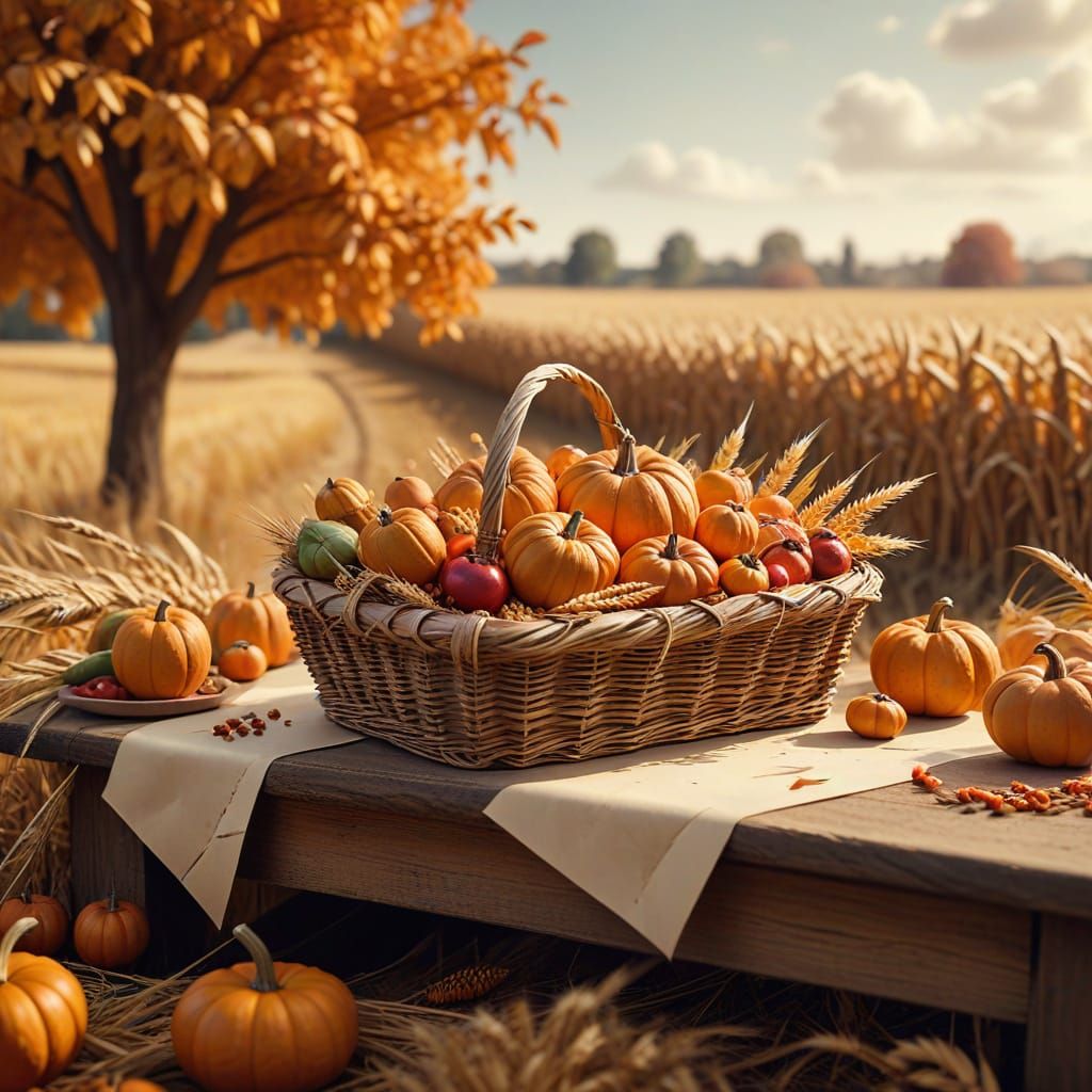 Festive Harvest Table in Golden Wheat Field, Papercraft Styl...