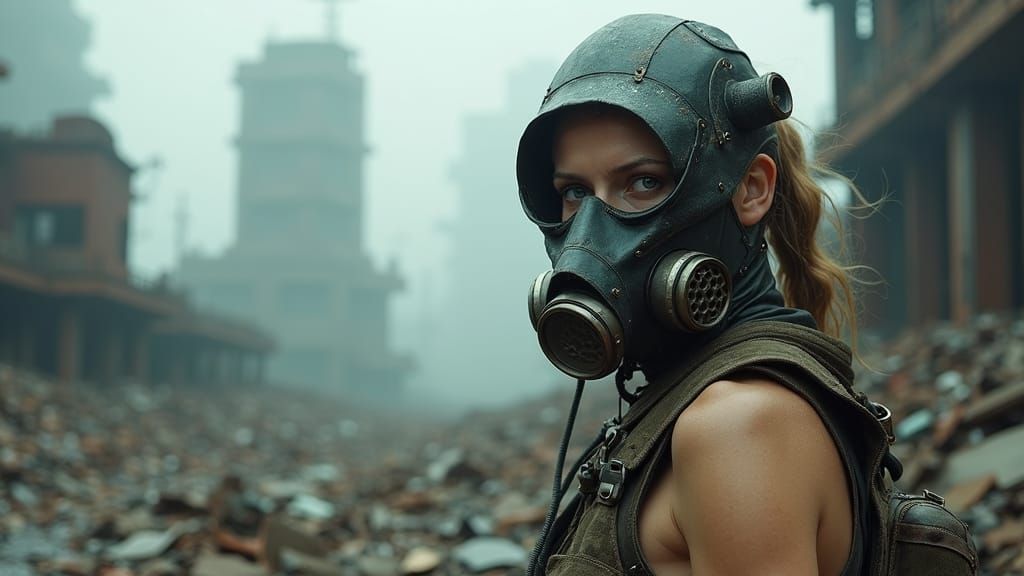Steampunk Woman Surviving in Ruined Cityscape