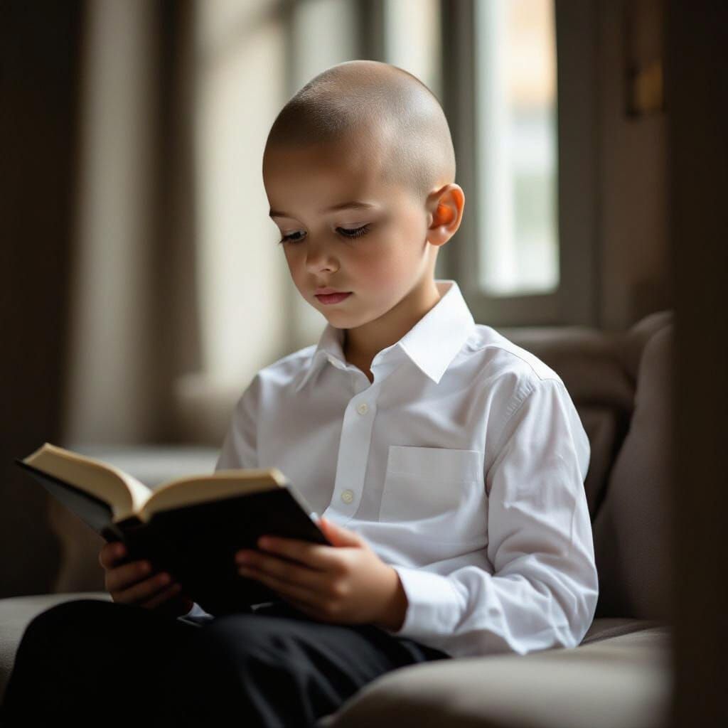 Bald Boy Reading Intently in Dramatic Cinematic Light
