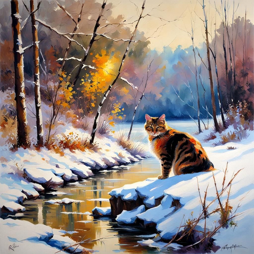 Wild Cat by Winter River, Impressionist Style