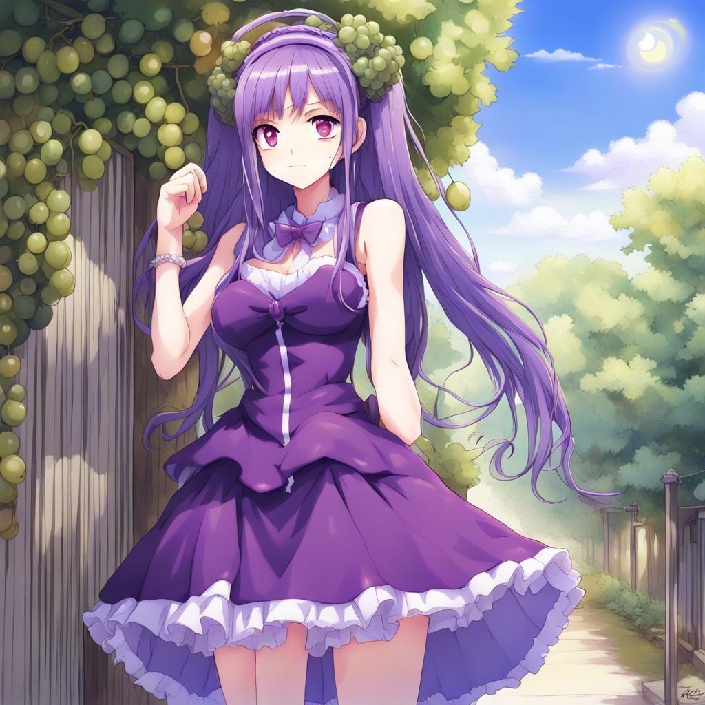 Anime Girl in Purple Dress with Grapes