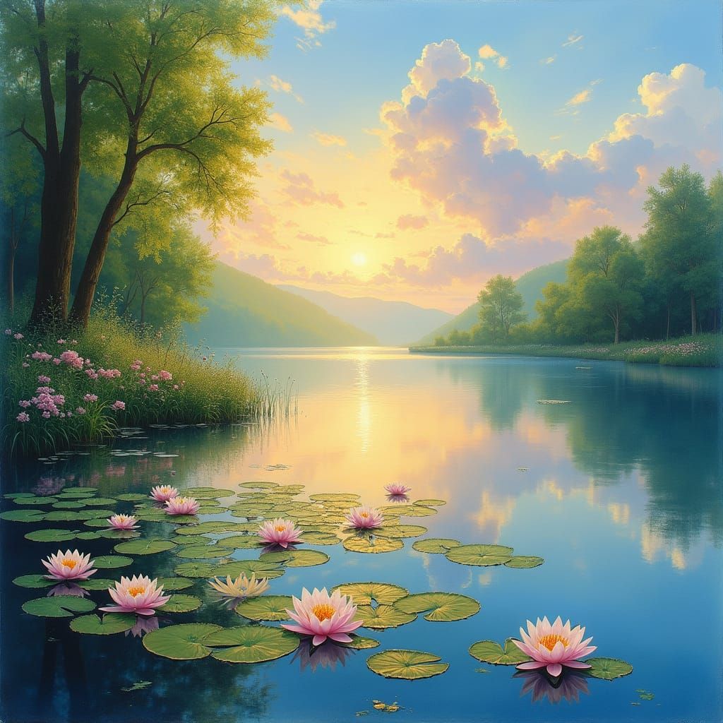 Serene Lake Reflecting Sunrise in Watercolor and Oil