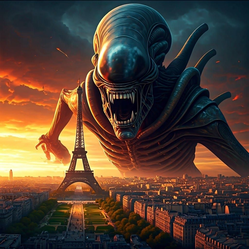 Giant Xenomorph Terrorizes Paris in Fantasy Art Style