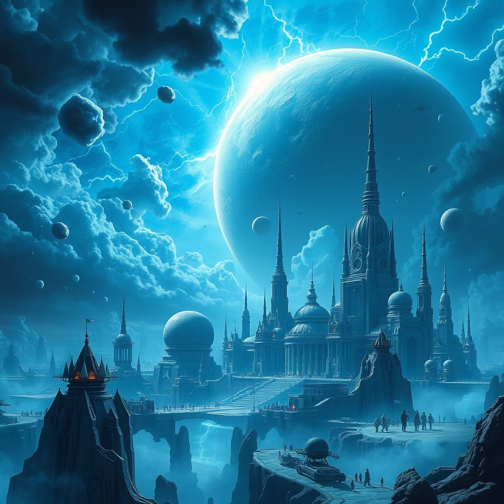 Alien Cityscape on Gas Giant with Blue Lightning