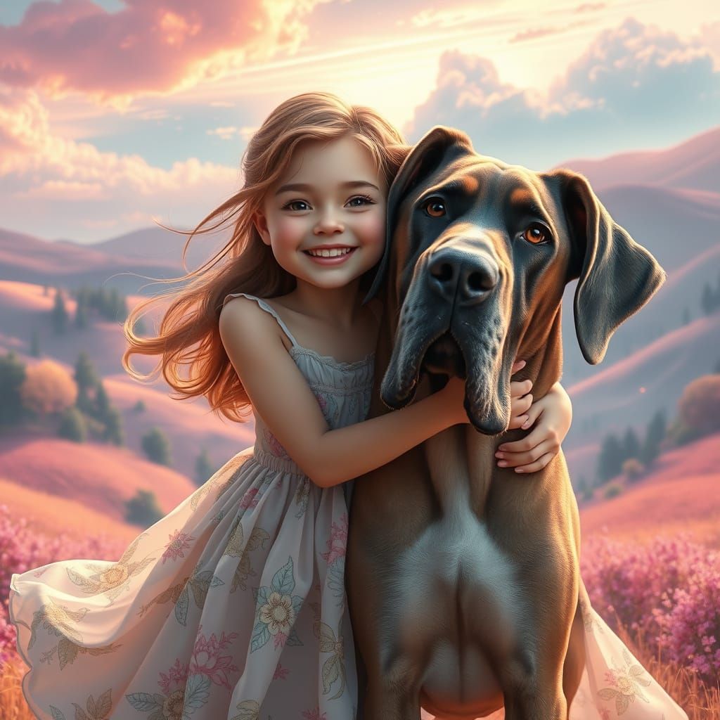🥇girl hugging her Great Dane