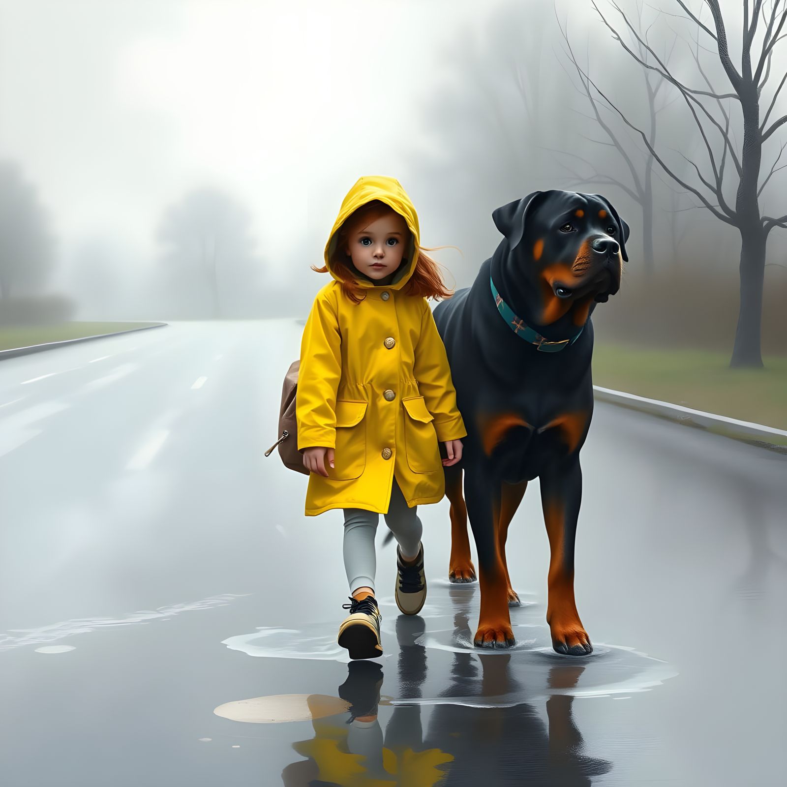 Young Girl and Dog Stroll Through Muted Grey and Silver Rain...