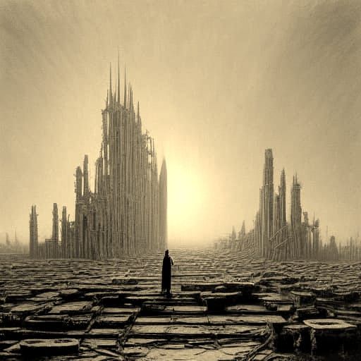 Goth Model in Cyberpunk City Ruins Surrealism Painting