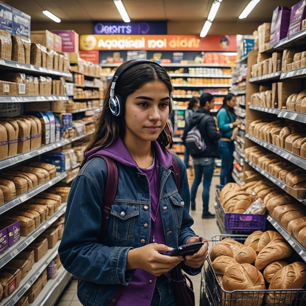 Spanish Girl Buys Bread in Colombian Supermarket