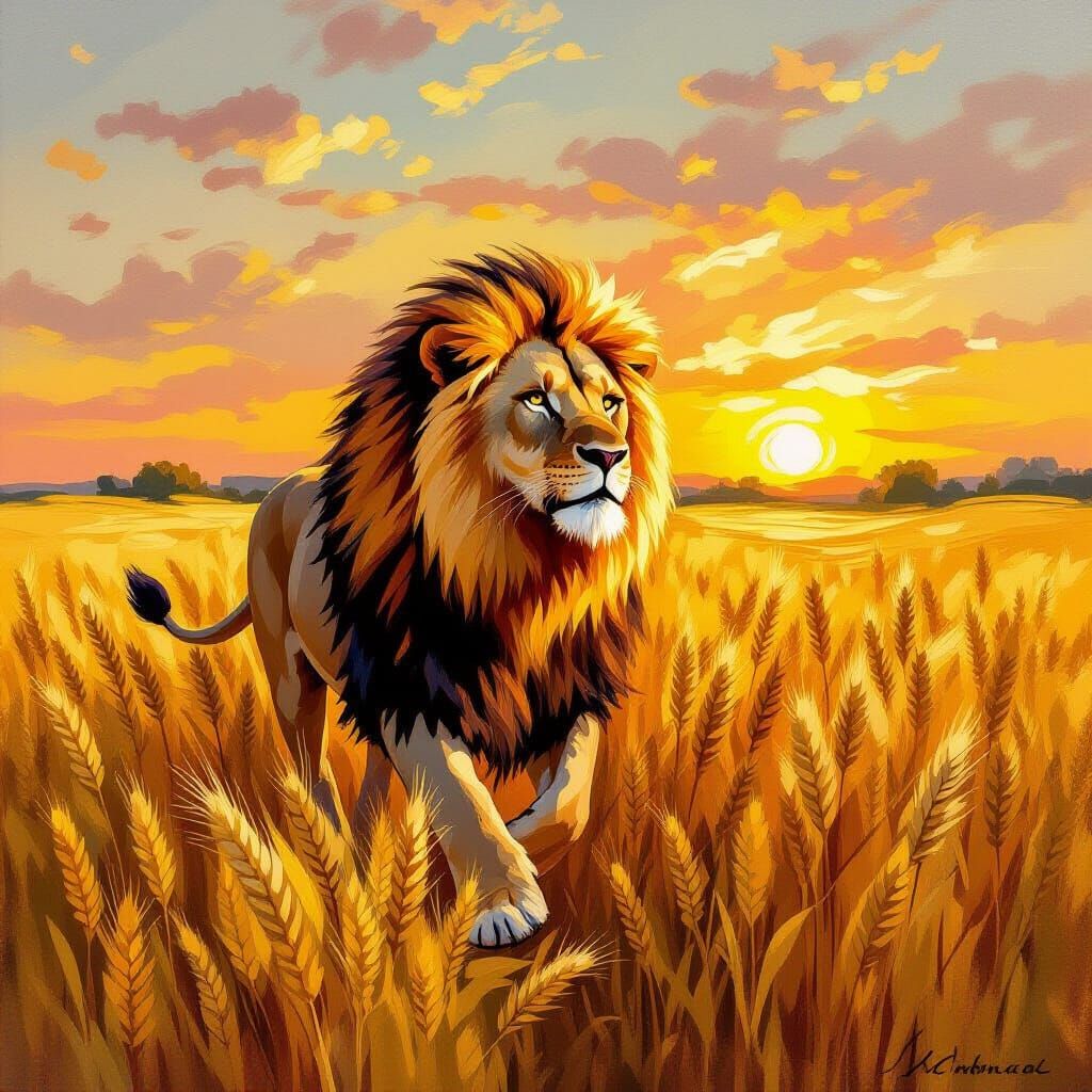 Lion in Wheat Field: Oil Painting Style