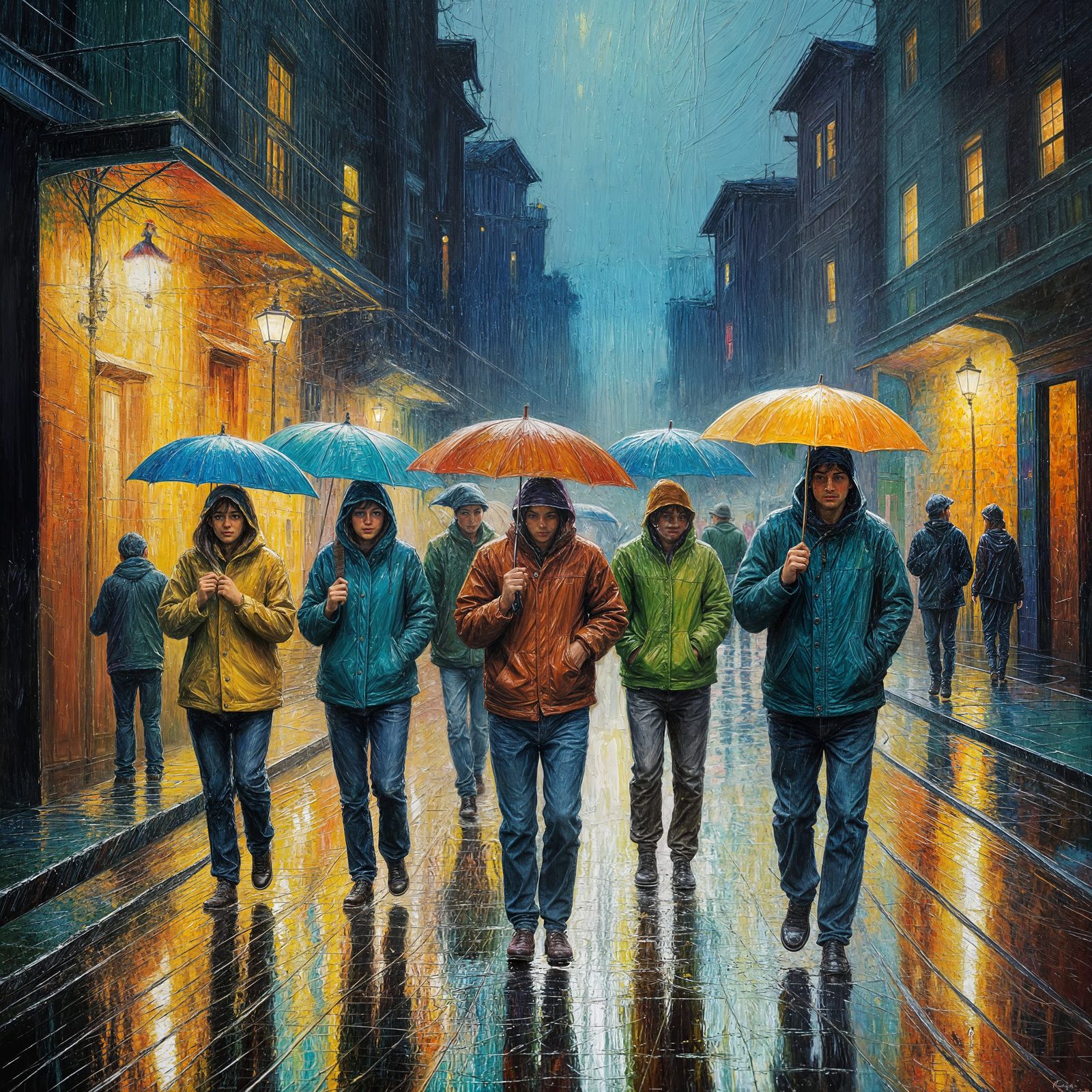 People Seeking Shelter from Rain in Neo-Impressionist Style