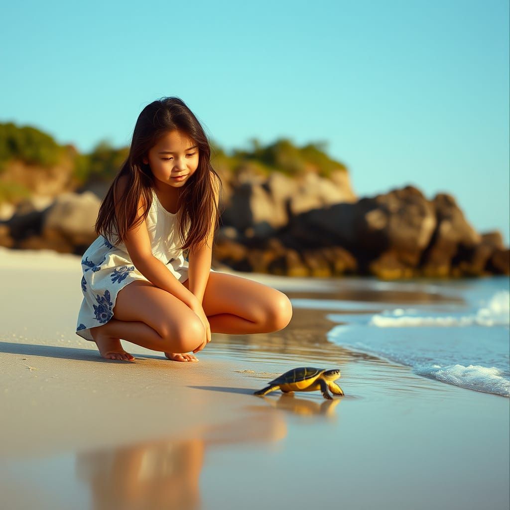 Woman Watches Turtle on Beach: Cinematic Still