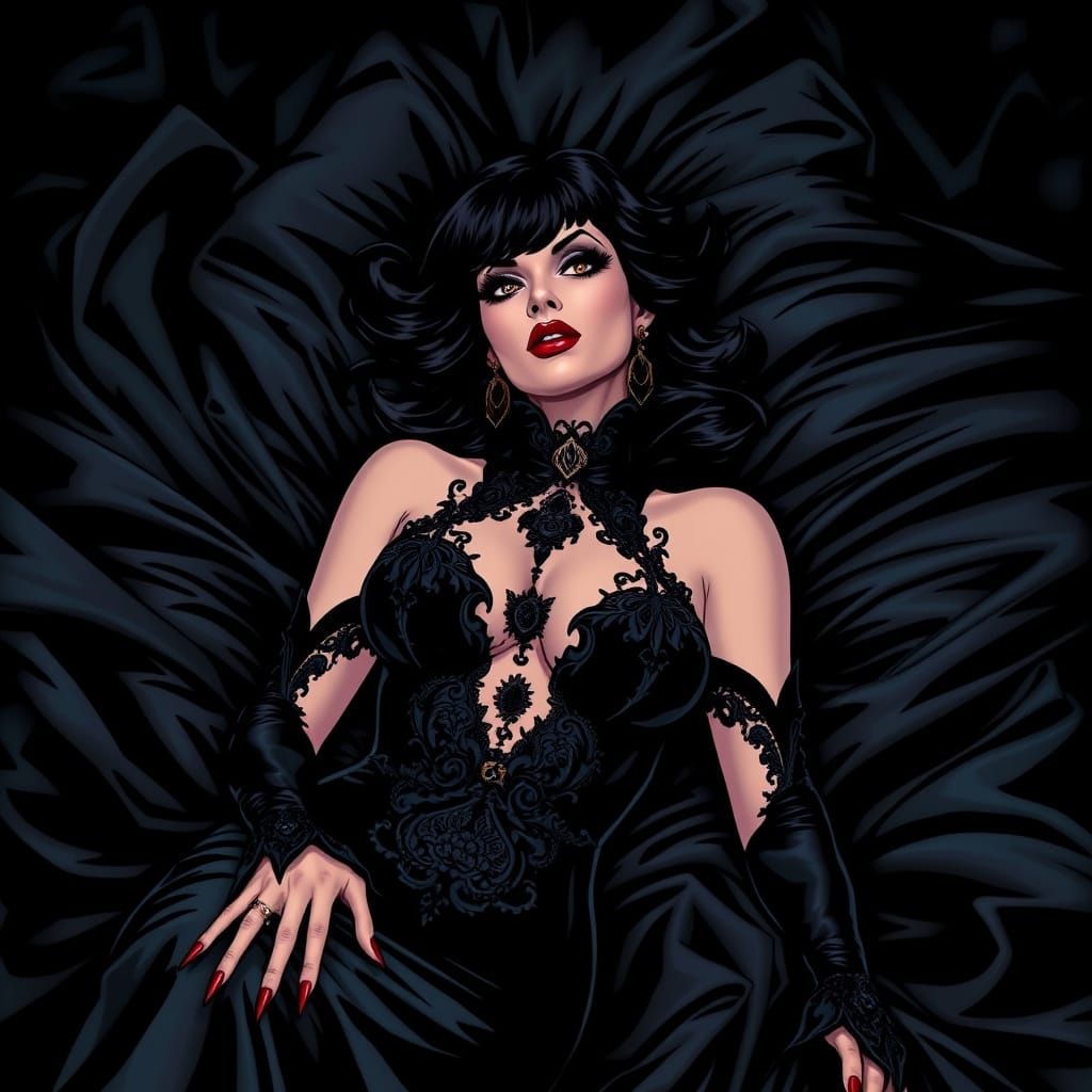 Sultry Vampirella in Gothic Satin Gown