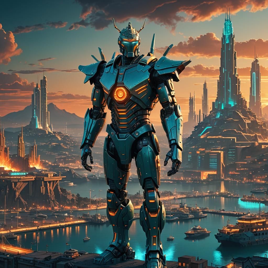 Futuristic Robotic Colossus of Rhodes at Sunset