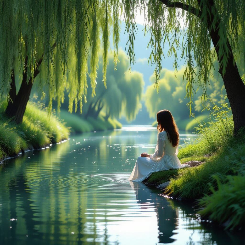Woman by River with Weeping Willows, Photorealistic Style