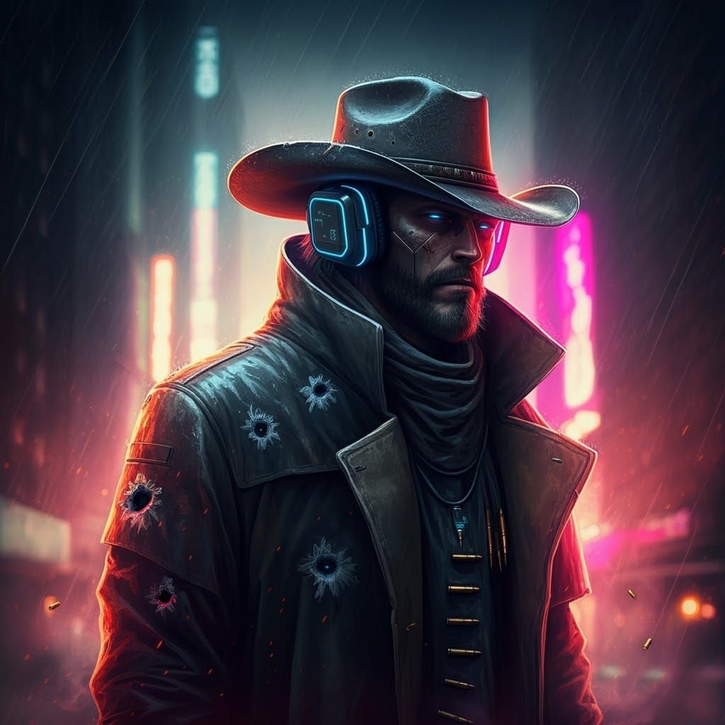 Cyberpunk Cowboy Outlaw in Dystopian Cityscape
