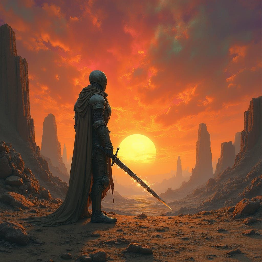 Knight Silhouetted on Alien Planet in Cosmic Surrealism