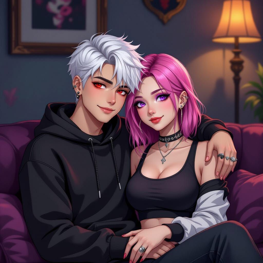 Gothic Couple Cuddling on Couch
