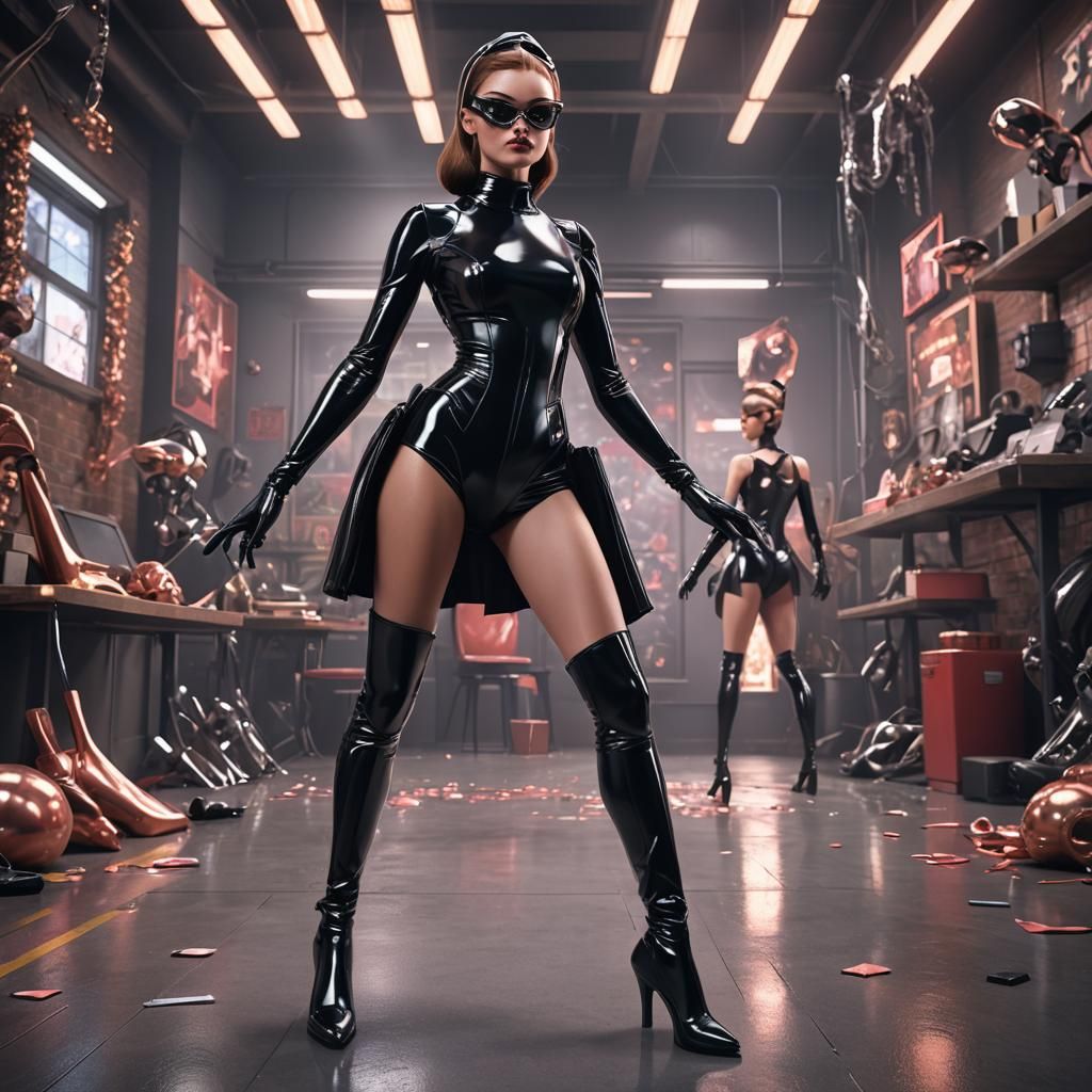 Magazine Cover: Woman in Latex Catsuit, 3D Render