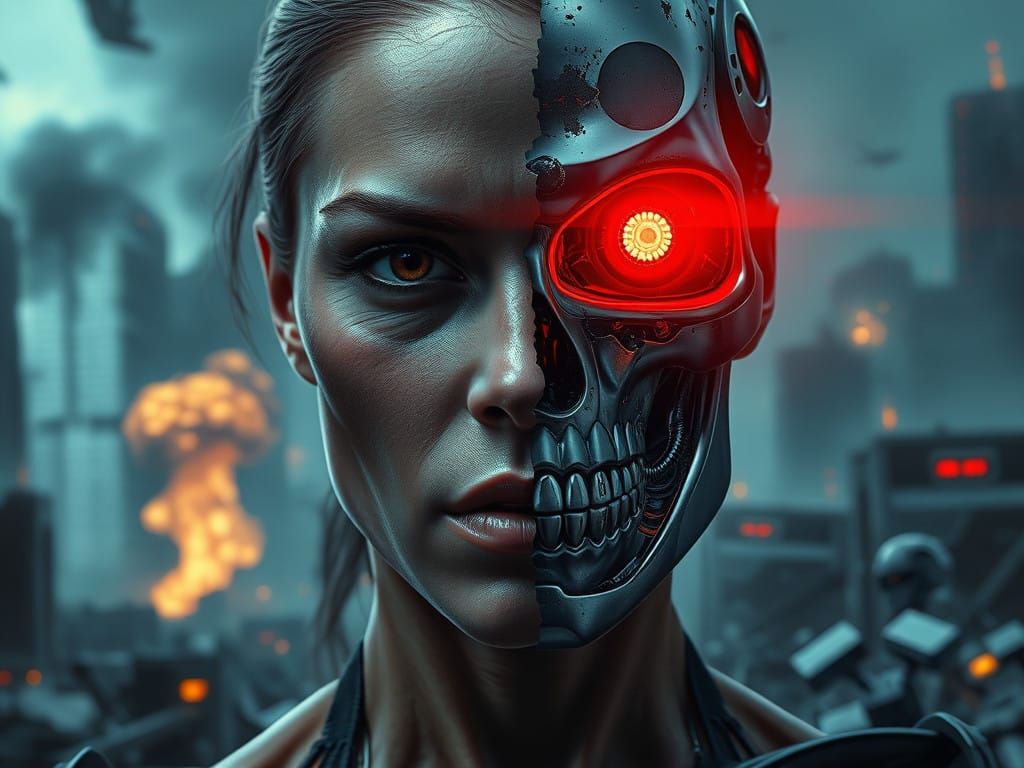 Cybernetic Woman of Steel in Ruined Futuristic Cityscape