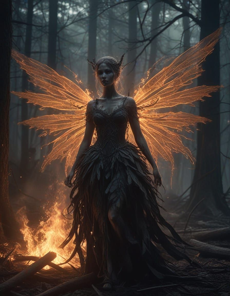 Ethereal Ash Fairy Dances in Charred Forest