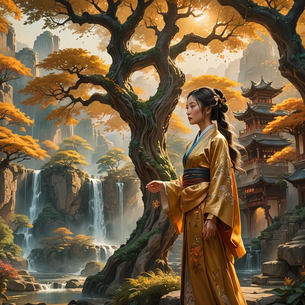 Woman and Ancient Tree in Hyper-Realistic Landscape