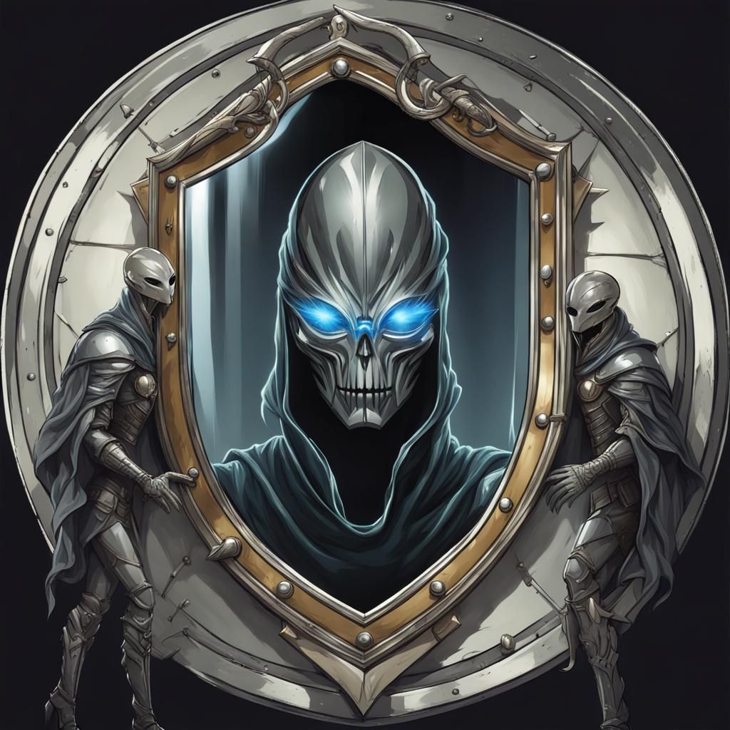sinister alien knight holding a shield