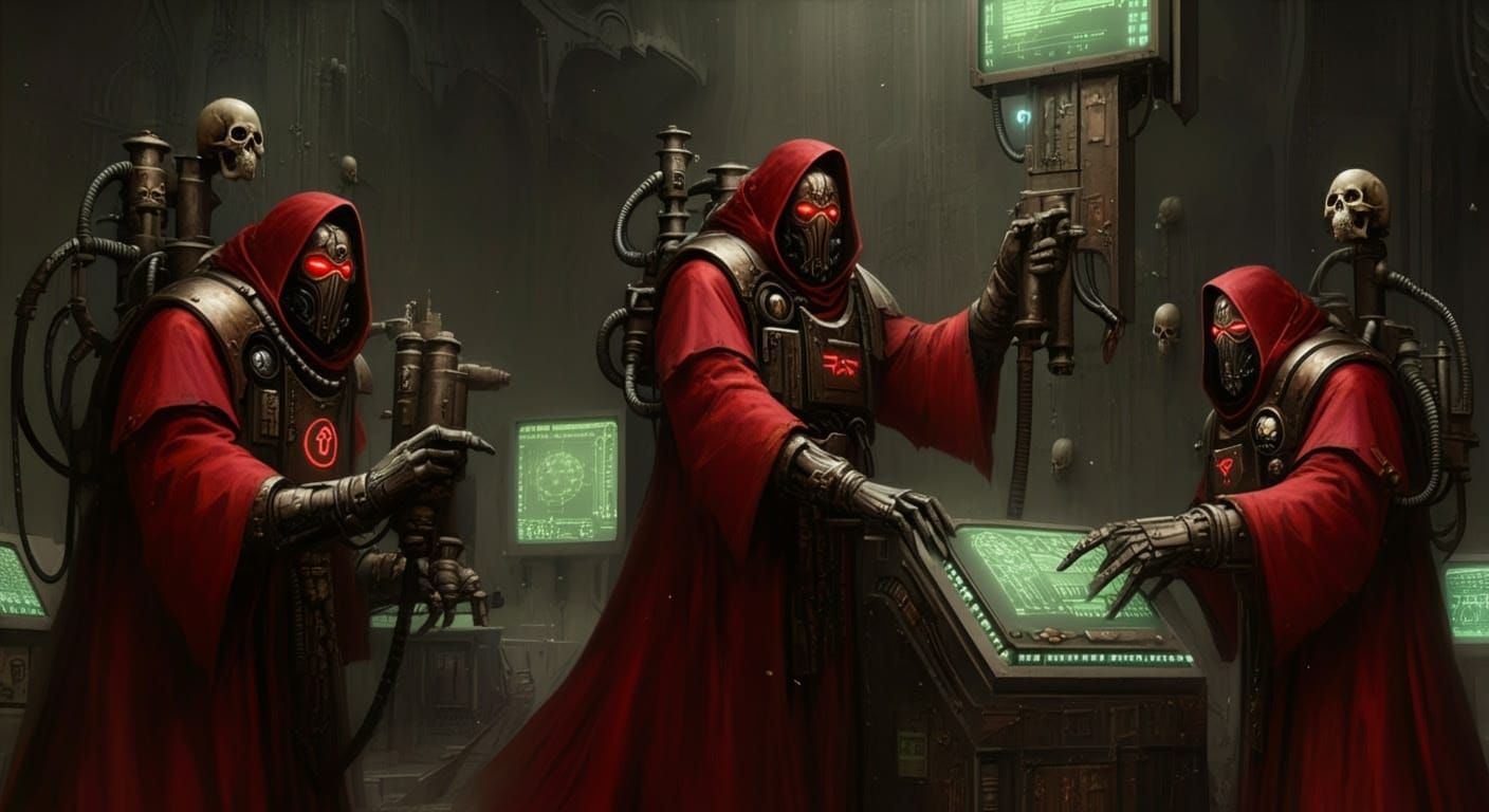 Adeptus Mechanicus Tech-Priests in Gothic Industrial Setting
