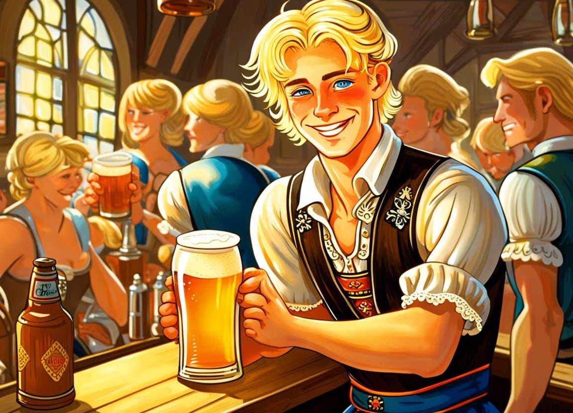 Smiling German Man as Barmaid in Pin-Up Style