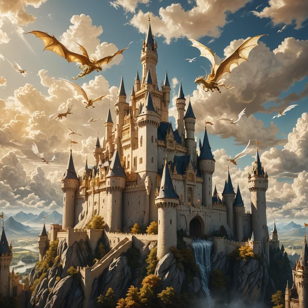 Golden Castle with White Dragons in Painterly Style