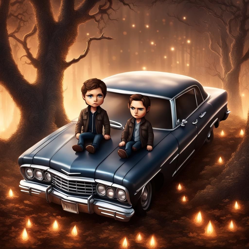 Chibi Supernatural Characters in Impala with Glitter Light