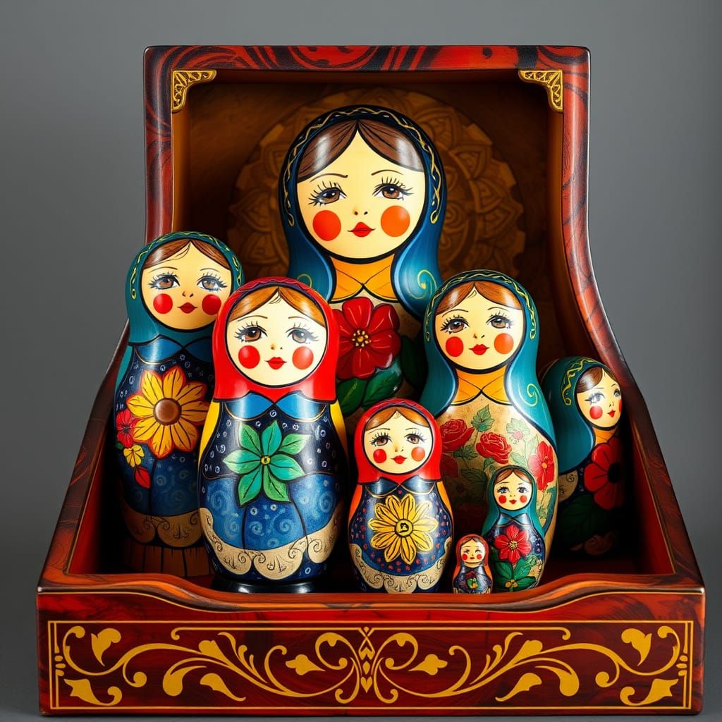 Colorful Russian Folk Art Dolls in Vibrant Wooden Case